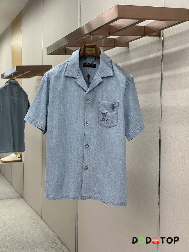 LV Embroidered Signature Chambray Short-Sleeved Shirt men  - 1