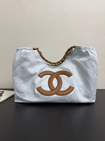 Chanel Coco Beach Shopping Tote Denim Light Blue Brown bag size 43x20x17cm